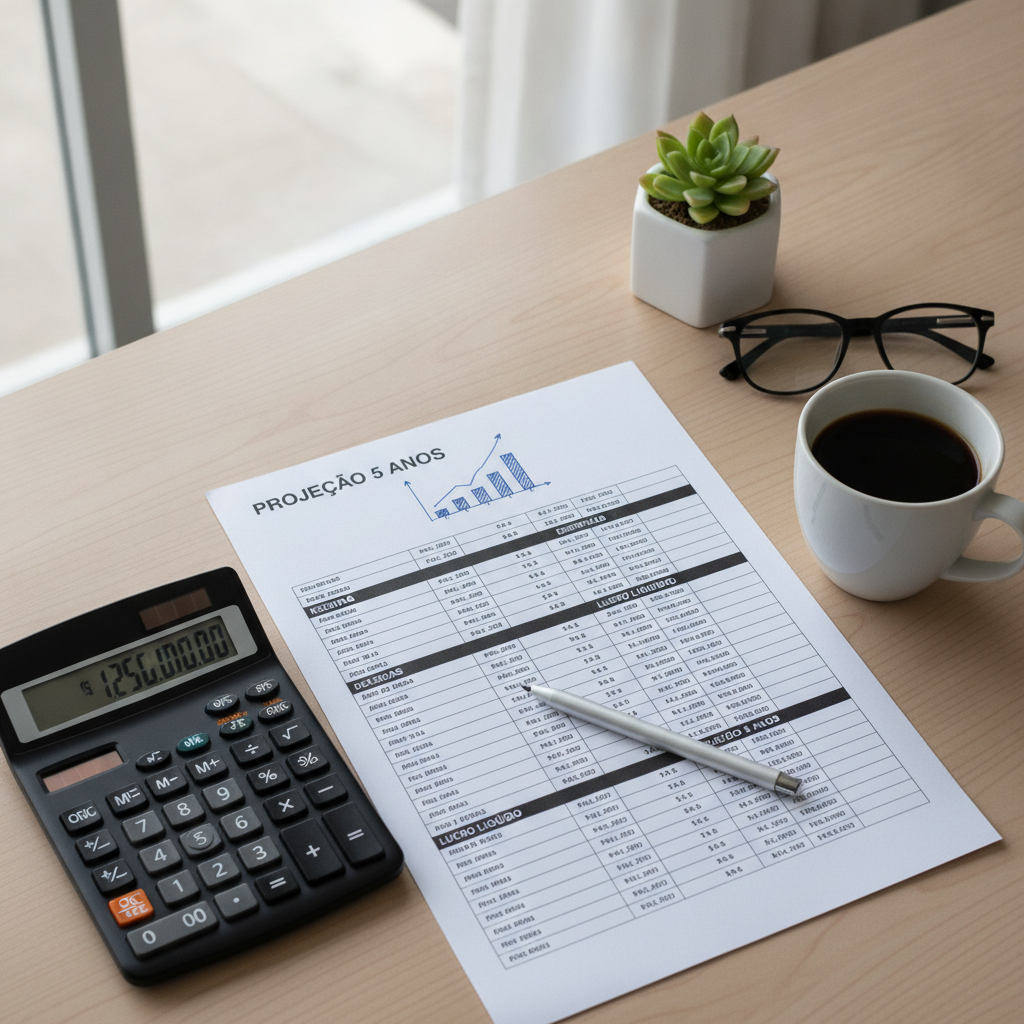 Mesa com calculadora e planilha de ROI representando análise de blog empresarial