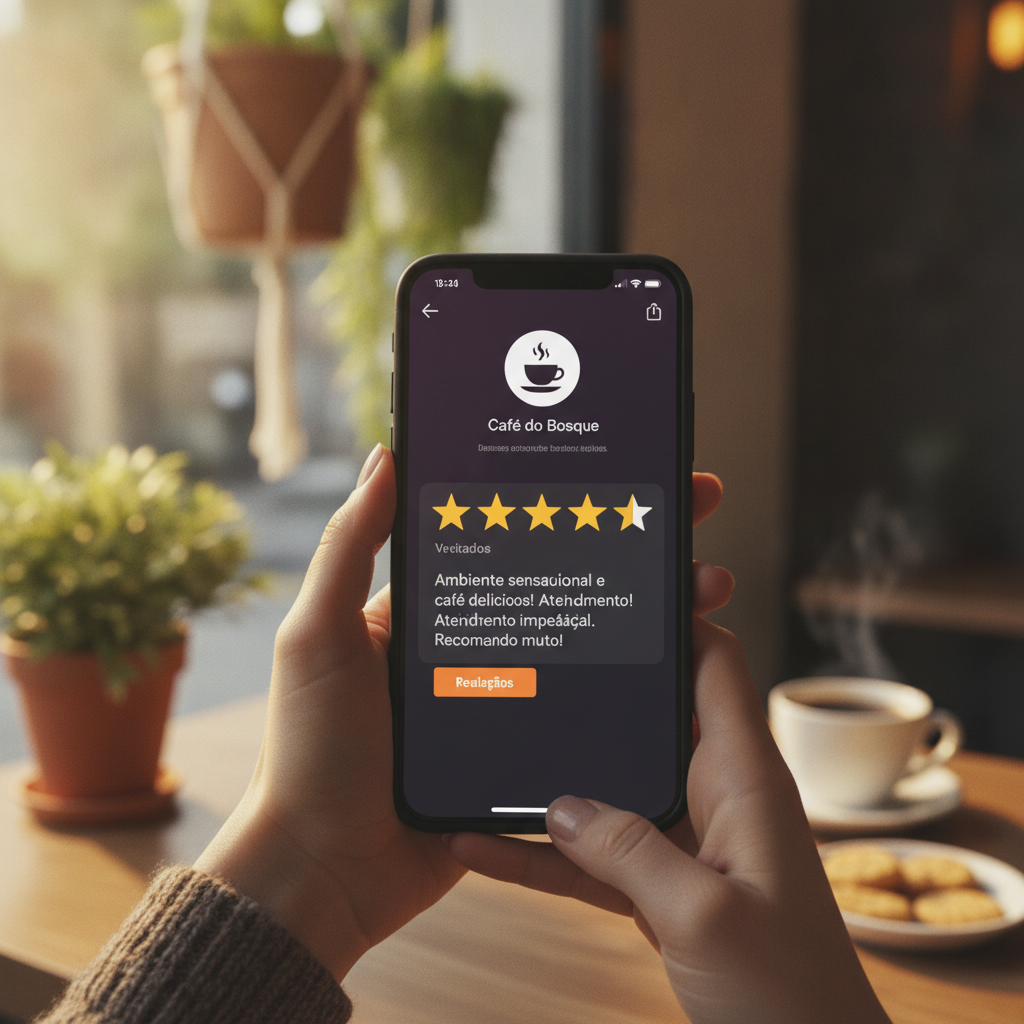 Cliente satisfeito escrevendo avaliação positiva no Google em smartphone