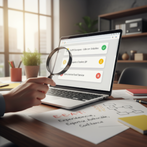 Tela de notebook com três resultados de busca do Google e uma mão com lupa avaliando o primeiro resultado, ao lado de anotações sobre E-E-A-T