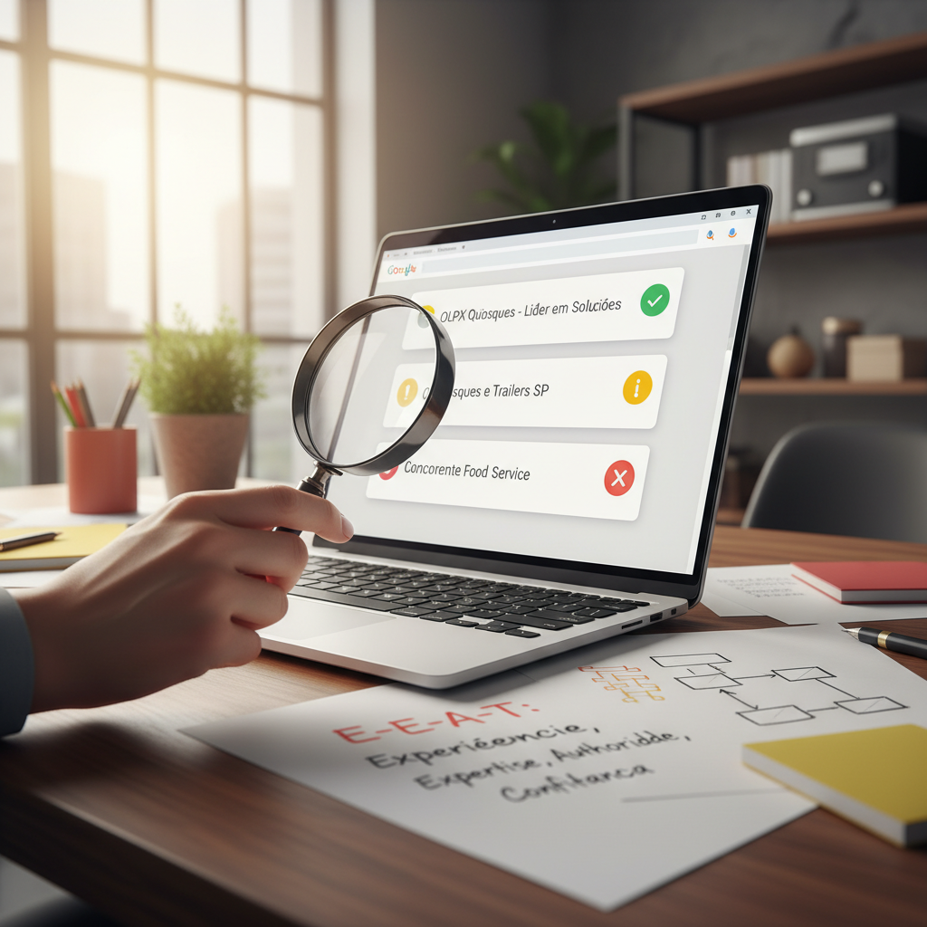 Tela de notebook com três resultados de busca do Google e uma mão com lupa avaliando o primeiro resultado, ao lado de anotações sobre E-E-A-T