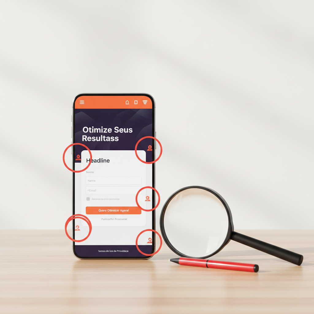 Tela com landing page e pontos críticos destacados para auditoria de erros de conversão