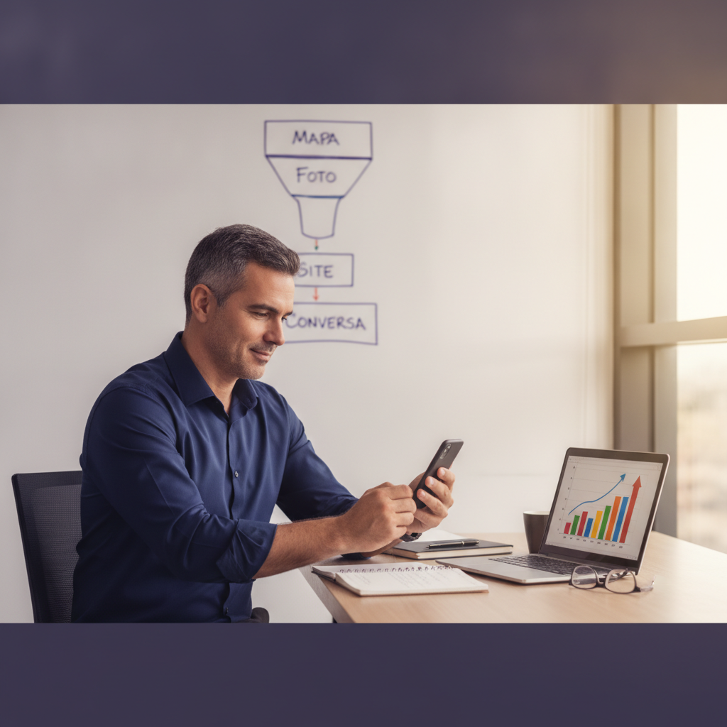 Empresário planejando funil de marketing digital integrado: Google, Instagram, landing page e WhatsApp