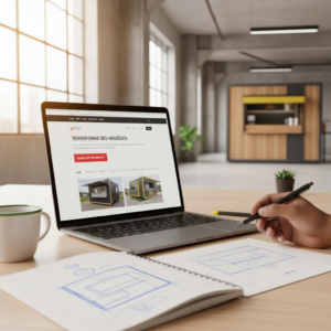 Notebook exibindo uma landing page de alta conversão com botão de CTA em destaque, ao lado de wireframes desenhados à mão