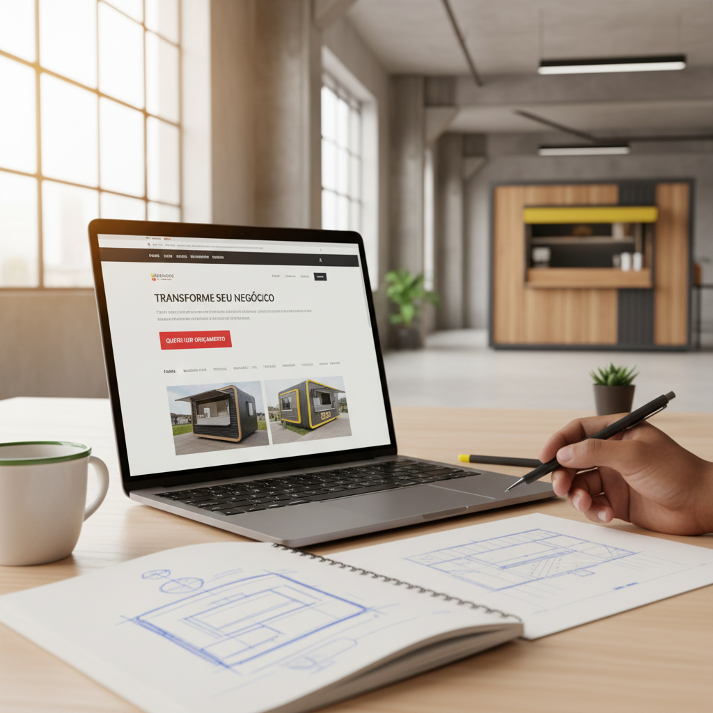 Notebook exibindo uma landing page de alta conversão com botão de CTA em destaque, ao lado de wireframes desenhados à mão