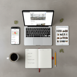Flat lay com celular mostrando Google Meu Negócio, notebook com site institucional e tablet com Instagram, representando os pilares da presença digital para empresas