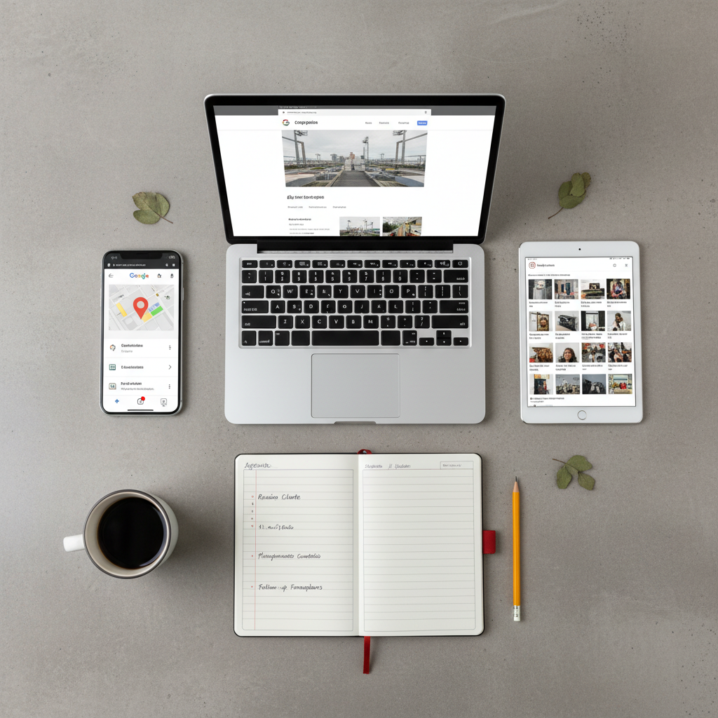 Flat lay com celular mostrando Google Meu Negócio, notebook com site institucional e tablet com Instagram, representando os pilares da presença digital para empresas