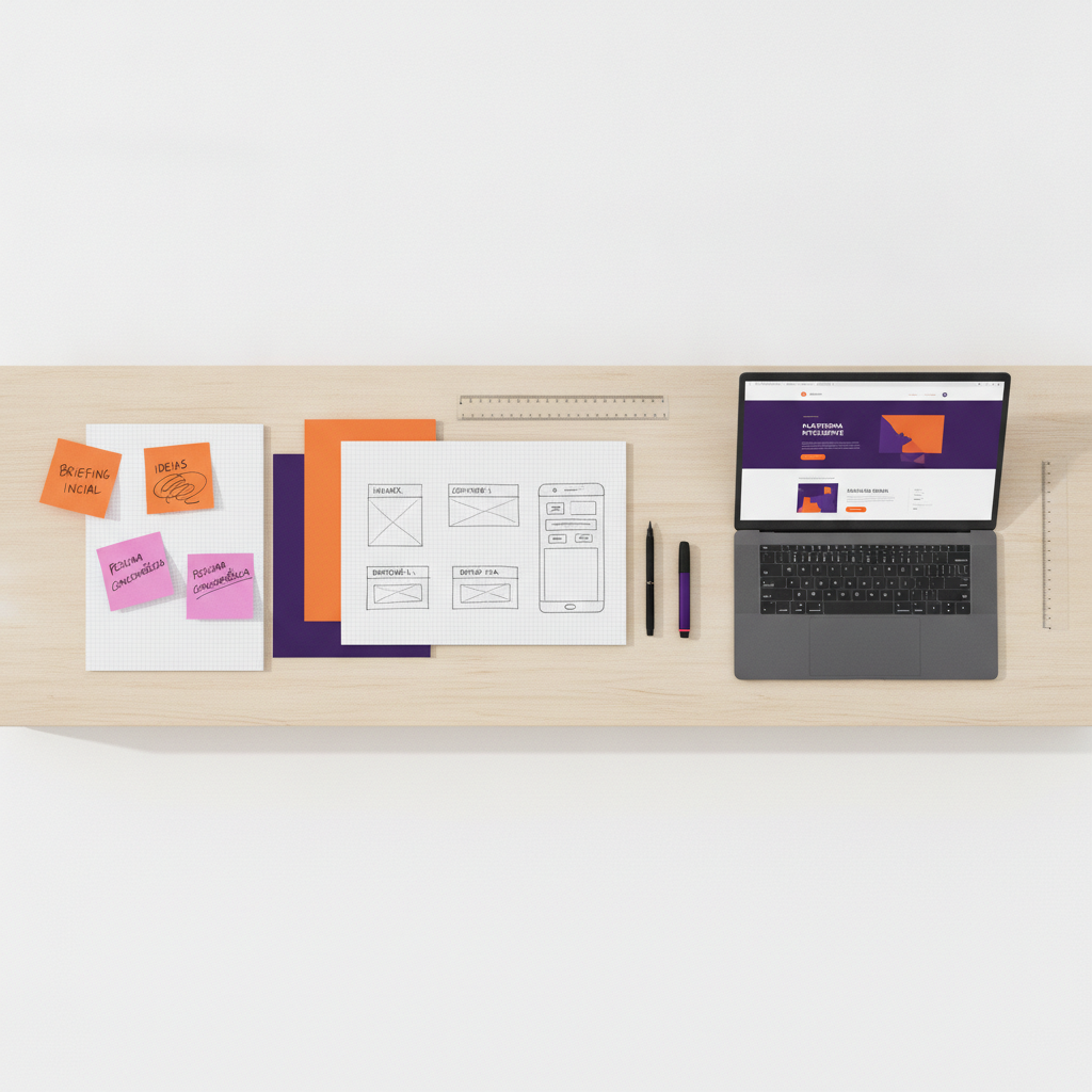 Processo do serviço de landing page profissional: briefing, wireframe e layout final